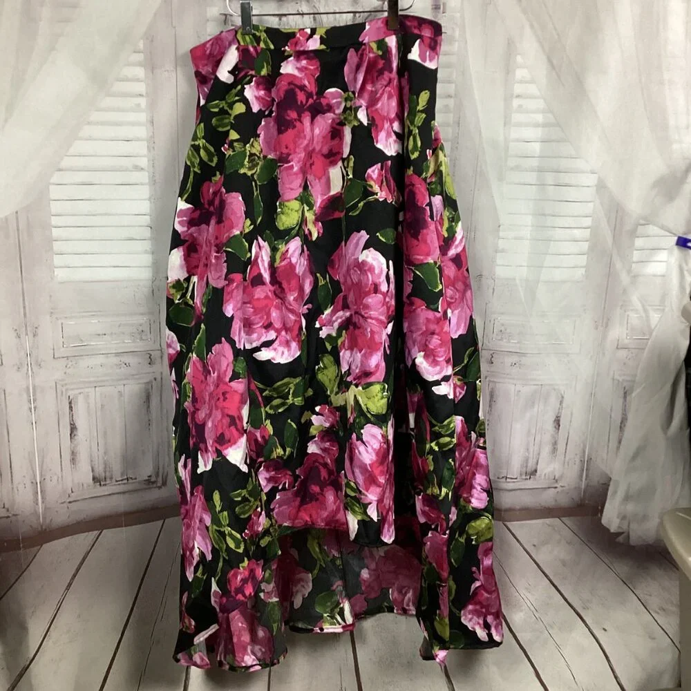 Jodi Kristopher Skirt Black Pink Floral Full Hi Low 14/15